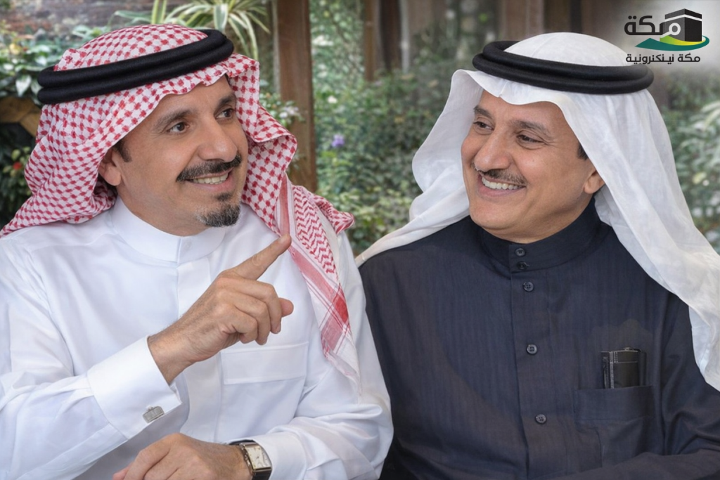 صورة مركبة بالذكاء الاصطناعي تُظهر الأديب حمد القاضي في وضعية حديث وإشارة، إلى جانب صورة للكاتب الدكتور عبدالعزيز الخضيري، في سياق التعليق على مقال «السعودية والحياد الذكي».